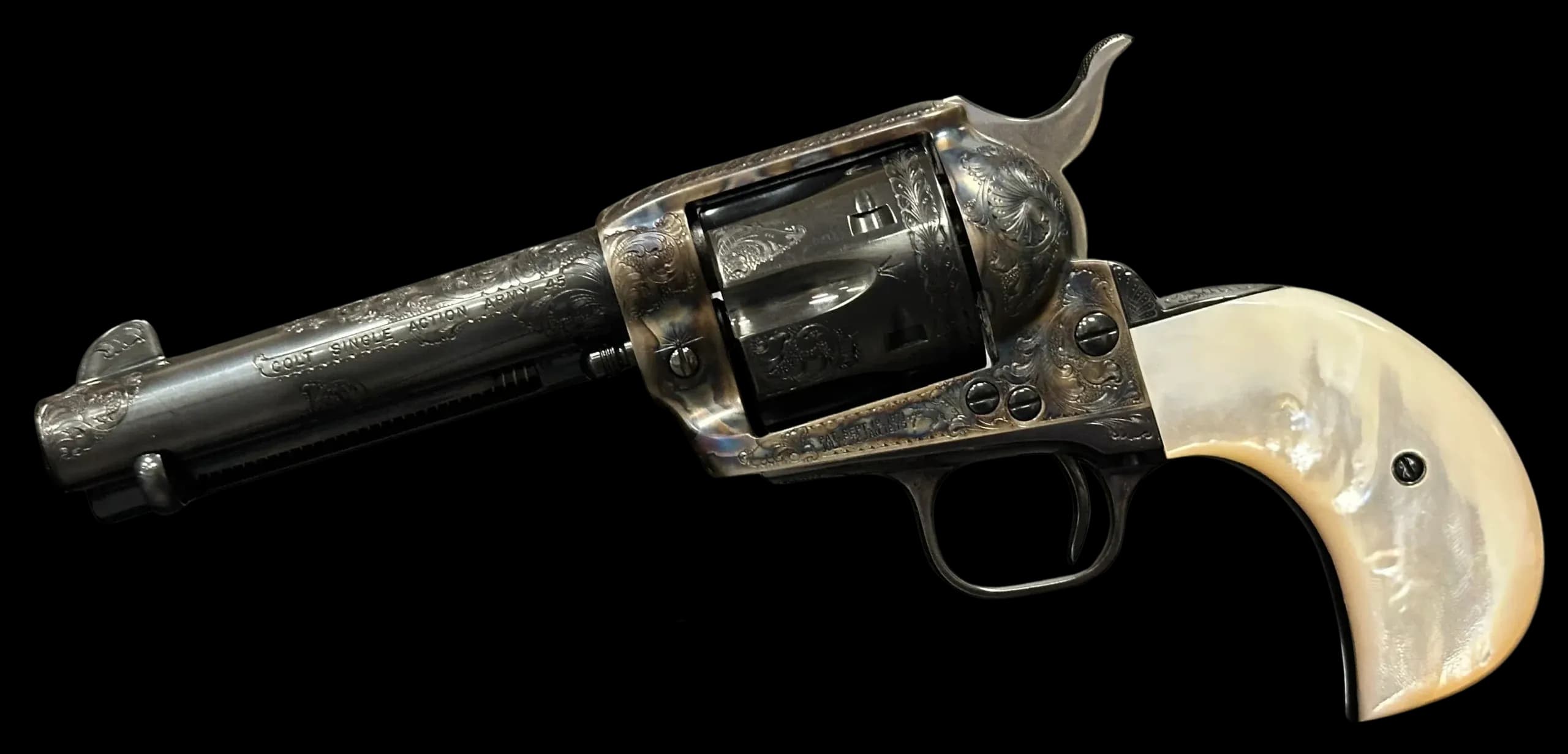 Colt Single Action Army Factory Engraved 45 Colt firearm shown in left-side profile