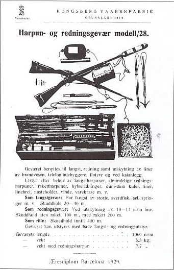 Kongsberg Vaabenfabrik M28 Top Down Advertisement with Box and Gun firearm shown in detail view