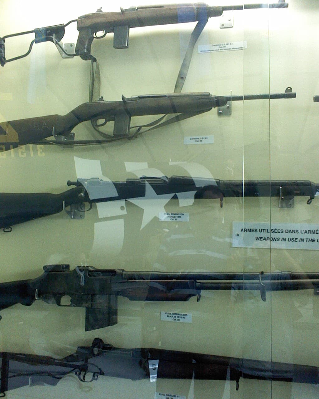 Various Us Military M1a1 Carbine M1 Carbine Remington Model 11 Bar M1918a2 M1 Garand Museum Display Case Multiple Rifles shown in detail view