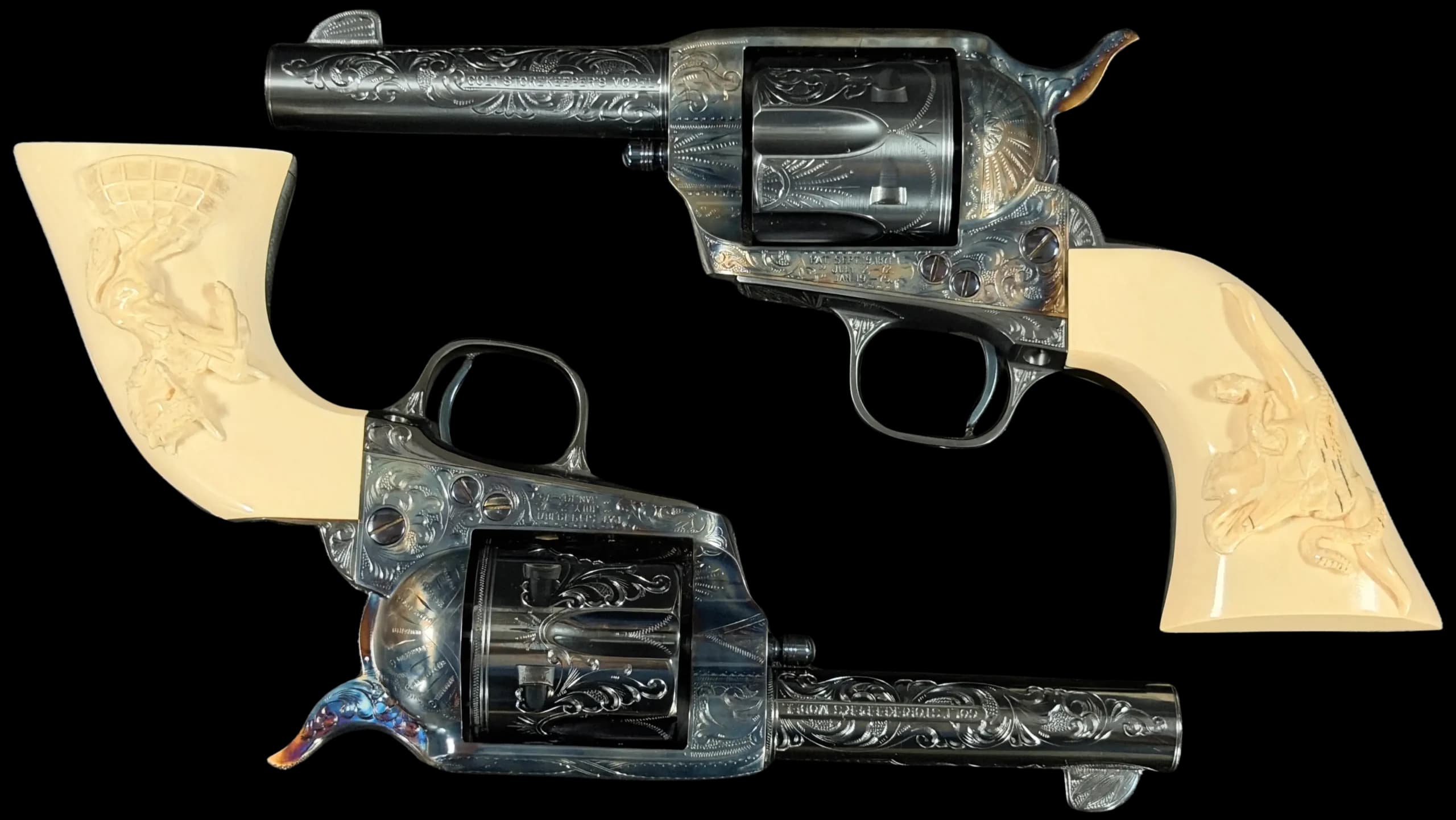 Colt Cased Pair of Engraved Colt 3rd Generation Storekeeper Single Action Army Revolvers .44-40 Win / .45 Colt Single Action (SAO)