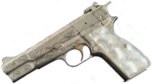 Factory engraved Browning Hi-Power Renaissance pistol in 9mm with satin nickel finish and pearl grips image 1
