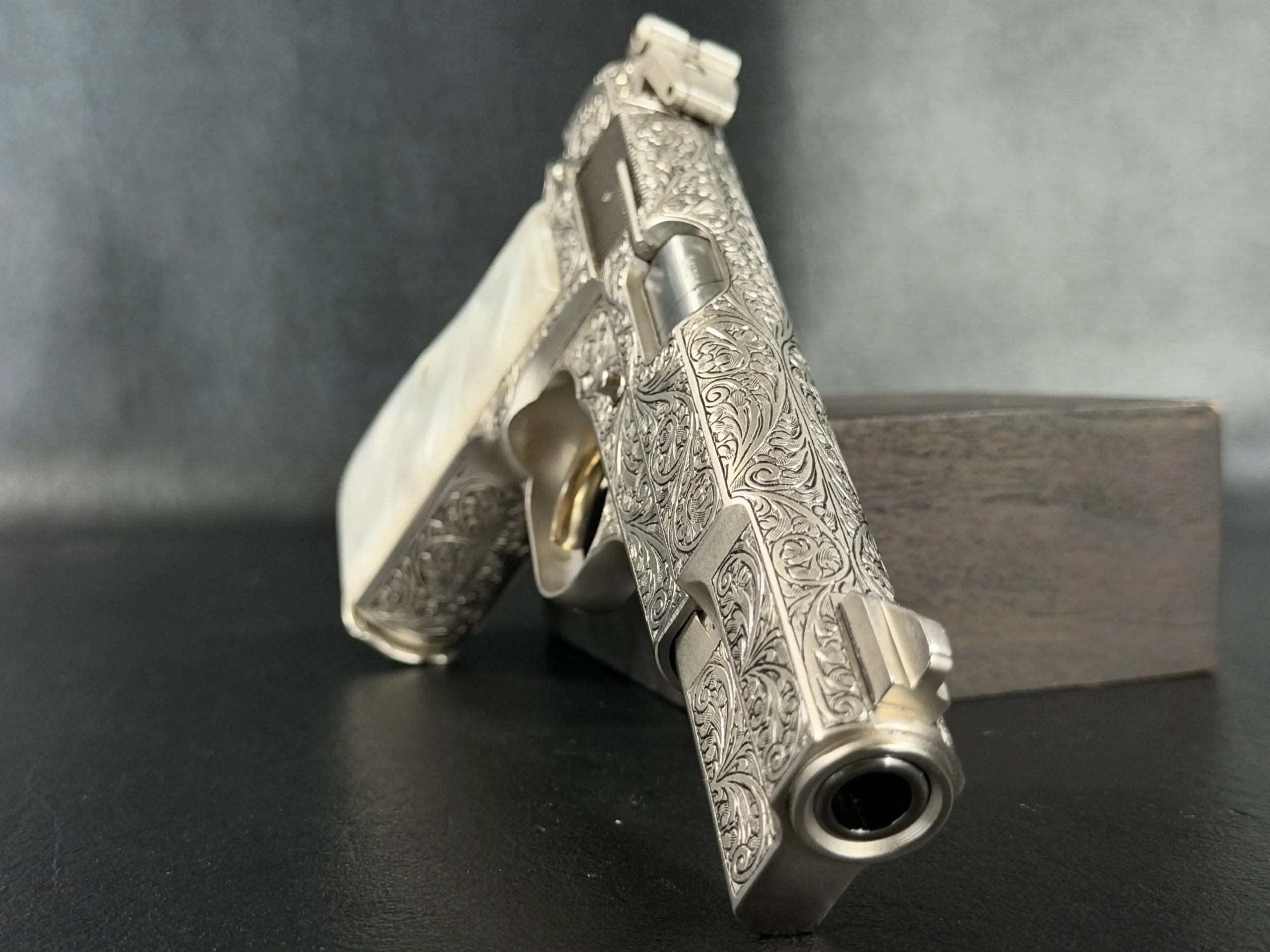 Browning Hi Power Renaissance Belgium 9MM pistol shown in close-up detail