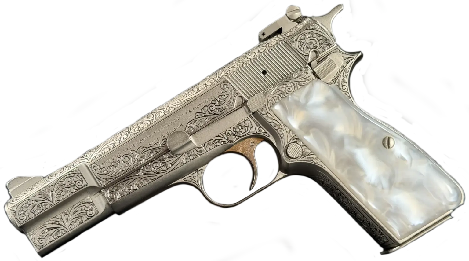 Browning Hi Power Renaissance Belgium 9MM pistol shown in full view