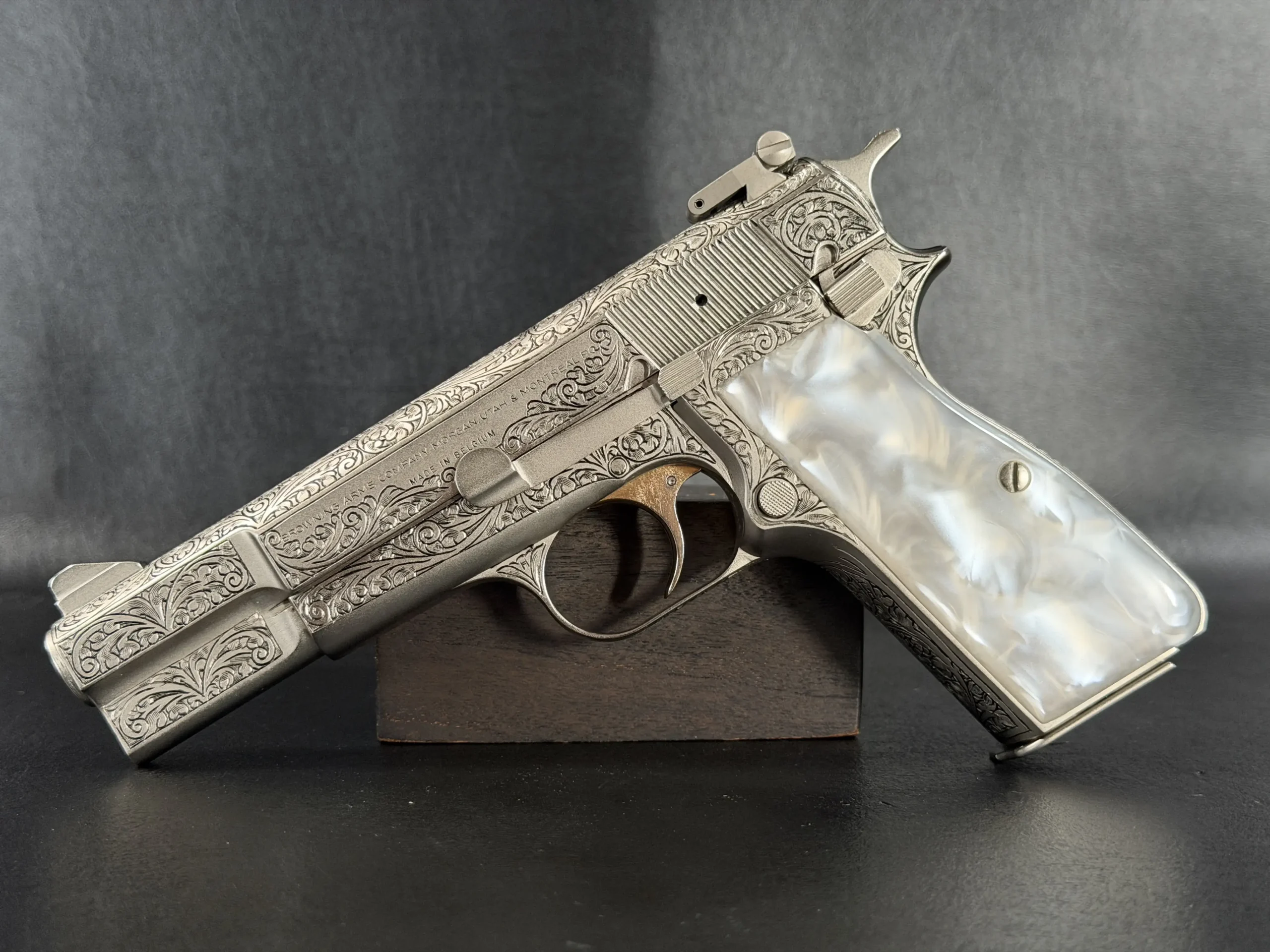 Browning Hi Power Renaissance Belgium 9MM Full View 2 pistol shown in detail view