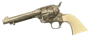 Colt 3rd Gen Single Action Army revolver with factory floral scroll engraving and nickel finish image 1