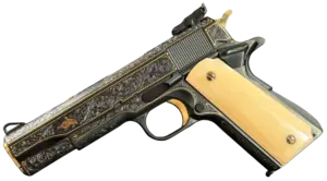Colt Government Model MKIV Series 70 engraved pistol with gold inlay and ivory-tone grips image 1