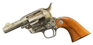 Colt Single Action Army Sheriff’s Model revolver in nickel with factory engraving and rosewood stocks image 1