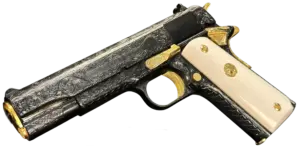 Engraved Colt Government Model Series 70 pistol with blued finish and gold accents image 1