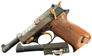 Engraved Walther P38 pistol with foliate scroll engraving and walnut grips image 1