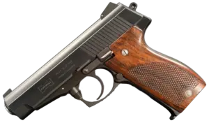 Korriphila HSP 701 in .38 Wadcutter with satin steel finish and checkered wood grips image 1