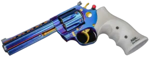 Korth Classic 6 inch Blue Plasma revolver in .357 Magnum with white grips and gold accents image 1