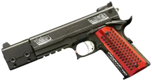 Korth PRS 6 inch .45 ACP pistol with matte black finish and red grips image 1