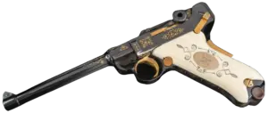 Mauser IWA Luger Parabellum with gold scroll engraving and ivory-tone grips image 1