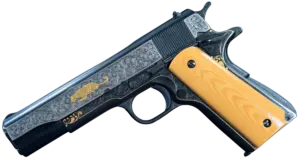 Ray Viramontez master engraved Colt Government Model pistol with gold inlay image 1