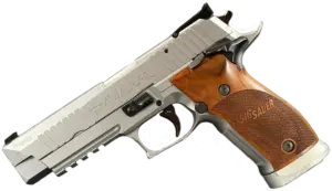 Prototype SIG P226 X-Five Signature Mastershop pistol with matte silver-tone finish and wood grips image 1