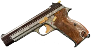 SIG Sauer P210-4 Luxus engraved pistol with gold-accented controls and carved walnut grips image 1