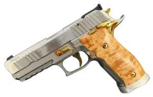SIG Sauer P226 X-Short Scandic with stainless steel finish, gold-tone controls, and birch wood grips image 1