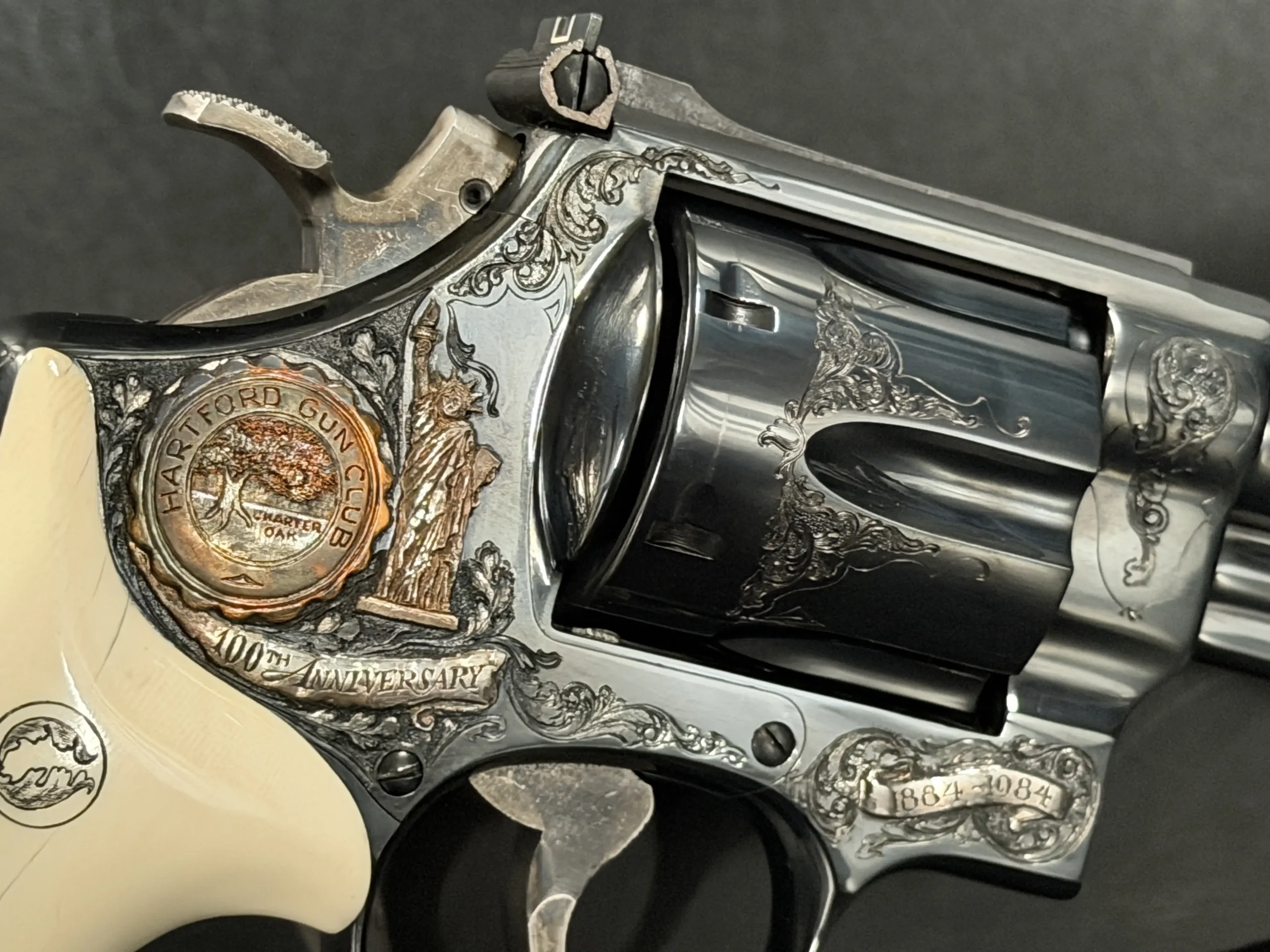 Smith Wesson Model 29 Hartford Gun Club Anniversary pistol shown in close-up detail