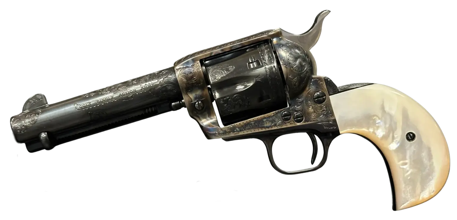 Colt Single Action Army Factory Engraved 45 Colt firearm shown in left-side profile