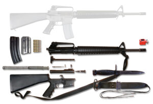 Colt Ar 15 Disassembled Components Top Down View rifle shown in detail view