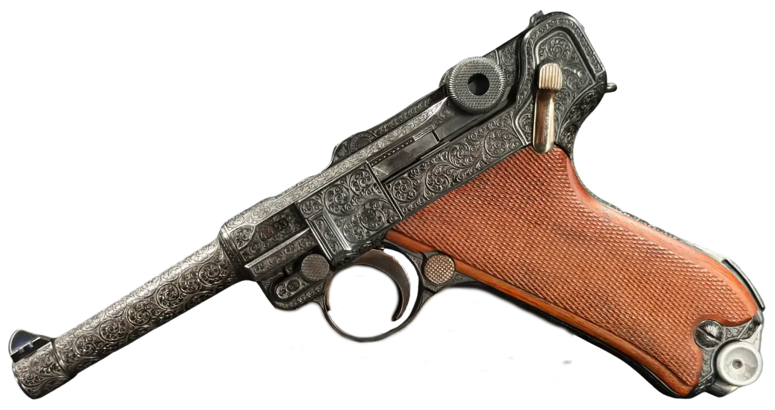 Heinz Funk Master Engraved Dwm Luger P.08 pistol shown in full view