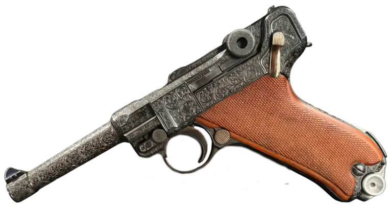 Heinz Funk Master Engraved Dwm Luger P.08 pistol shown in full view