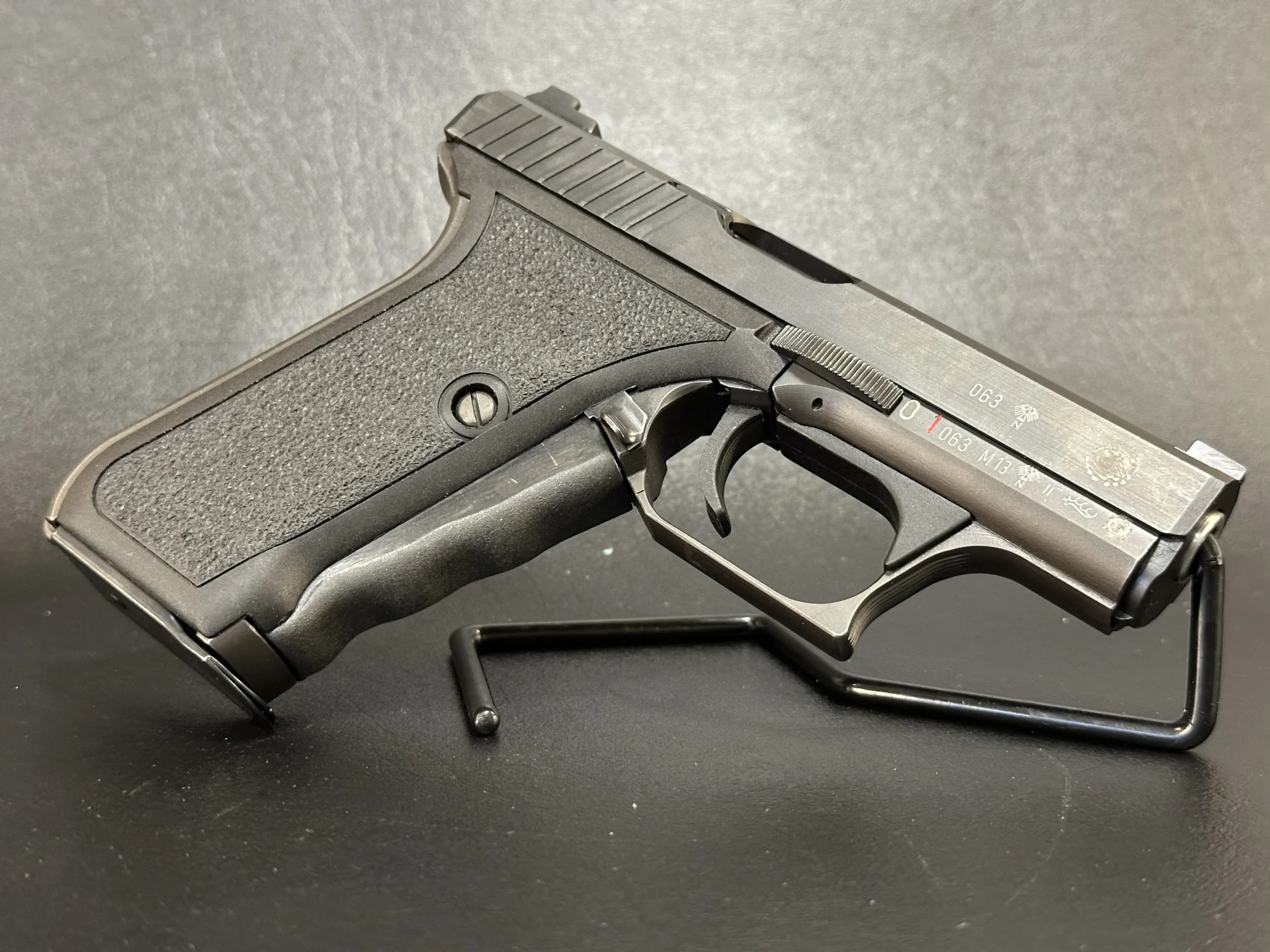 HK P7 M13 S Mexican Prototype pistol shown in close-up detail