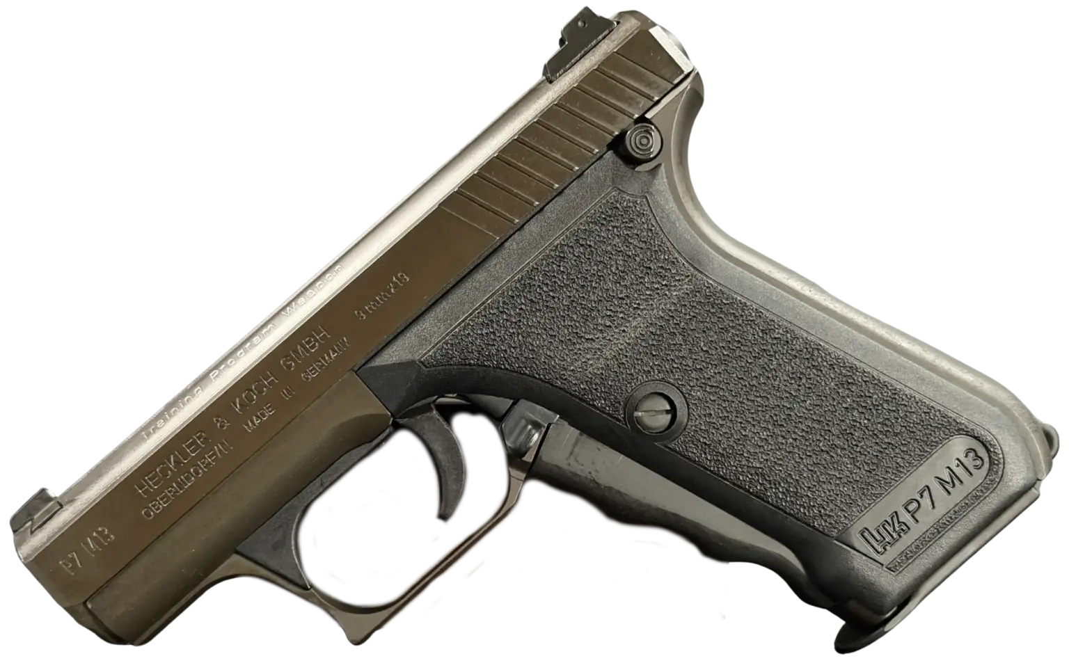 HK P7 M13 Training Weapon pistol shown in full view