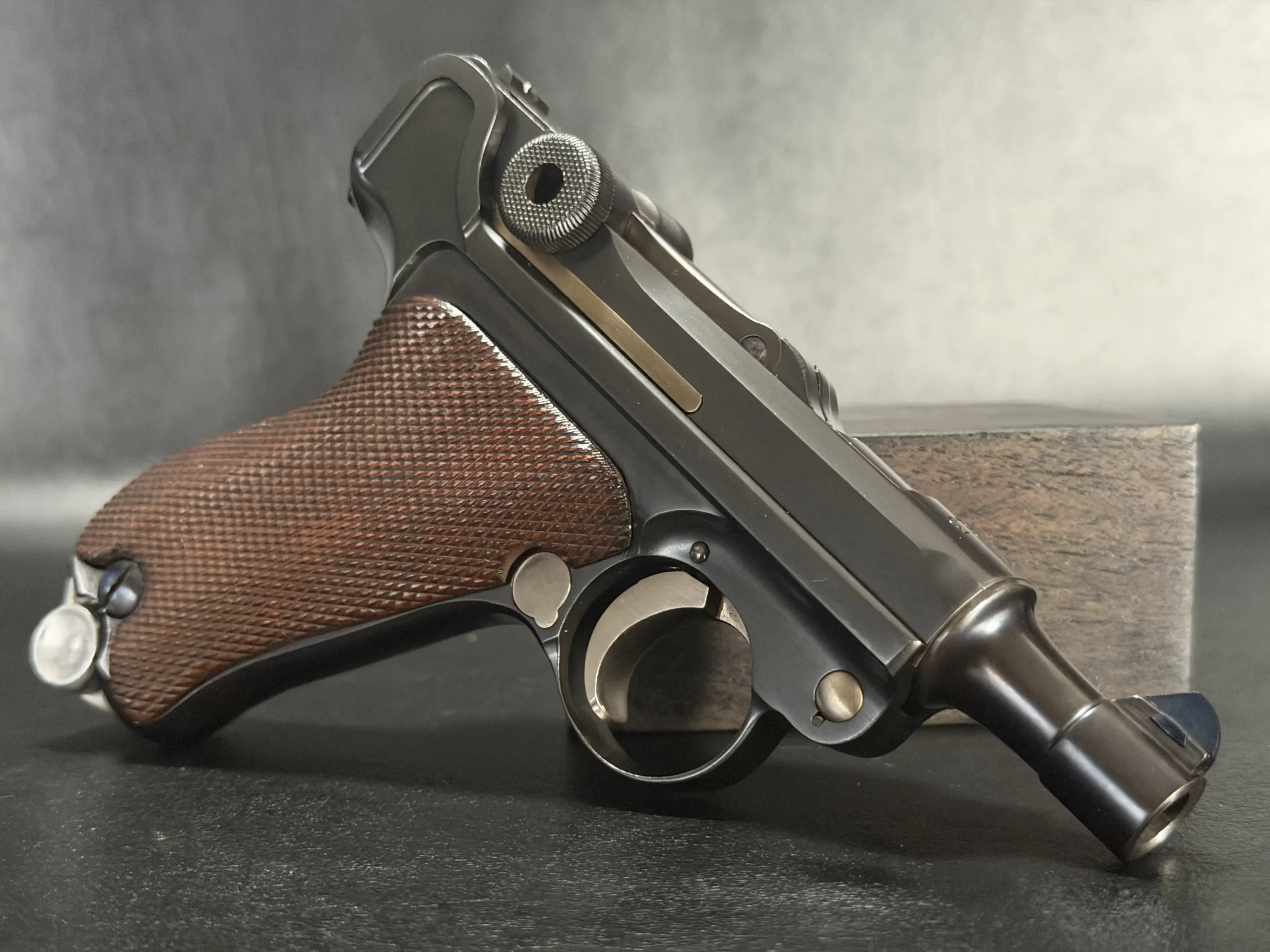 John Martz 1913 Dwm Luger P.08 Baby pistol shown in close-up detail
