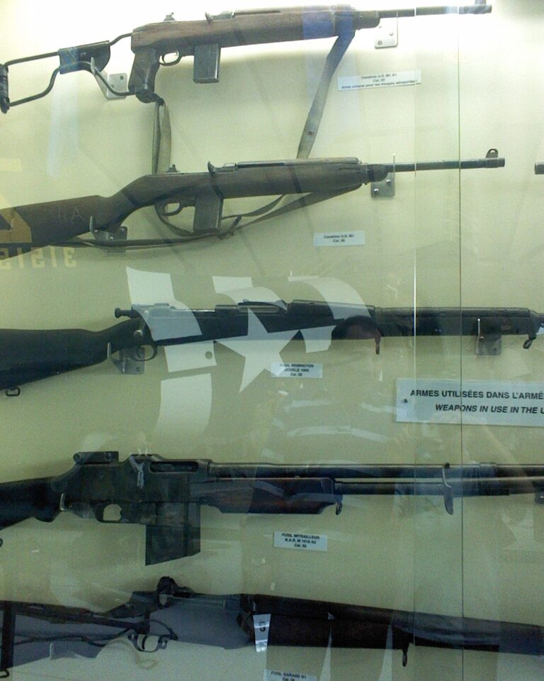 Various Us Military M1a1 Carbine M1 Carbine Remington Model 11 Bar M1918a2 M1 Garand Museum Display Case Multiple Rifles shown in detail view