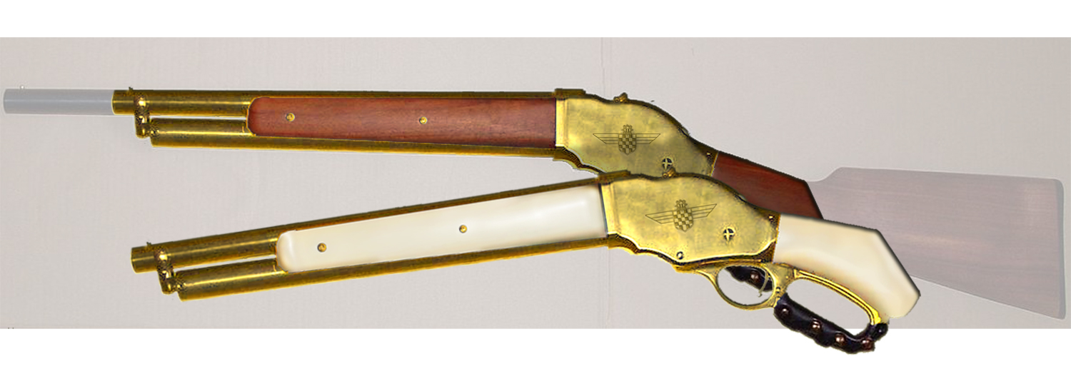Winchester 1887 Both Sides View Sawed Off Lever Action firearm shown in detail view