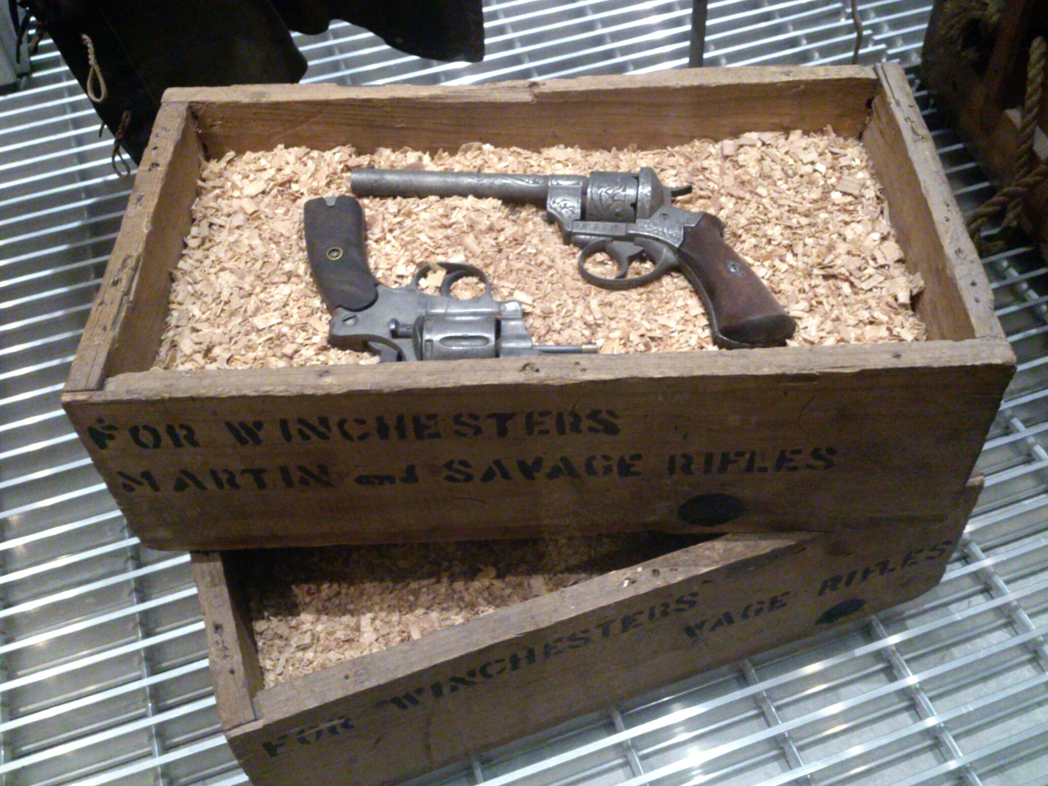 Winchester Unknown Two Revolvers in Wooden Crate Top Down pistol shown in detail view