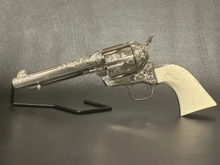 Colt 3rd Gen Single Action Army Engraved Nickel Full View 2 firearm shown in detail view