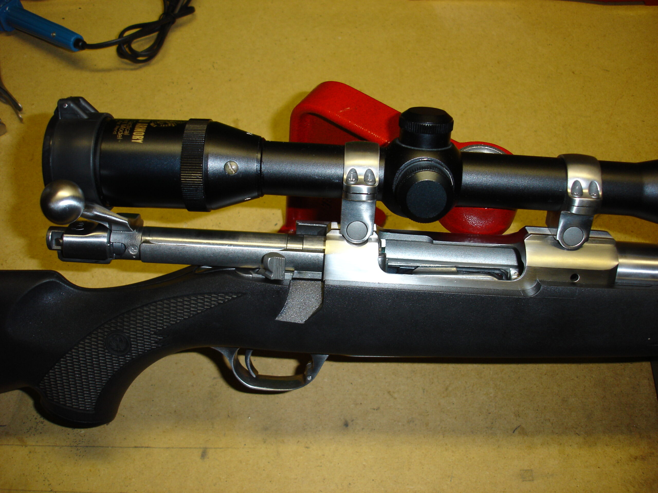 Ruger 77 Mark Ii Top Down Action Close Up with Scope Scaled firearm shown in detail view